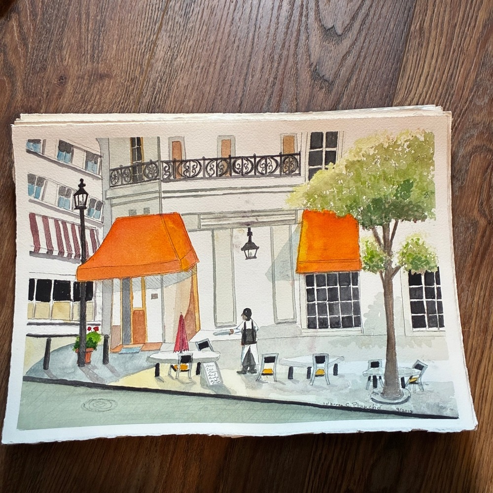 Provence Cafe Warren C Plauché Original Watercolor Ink Painting 2018 11x15